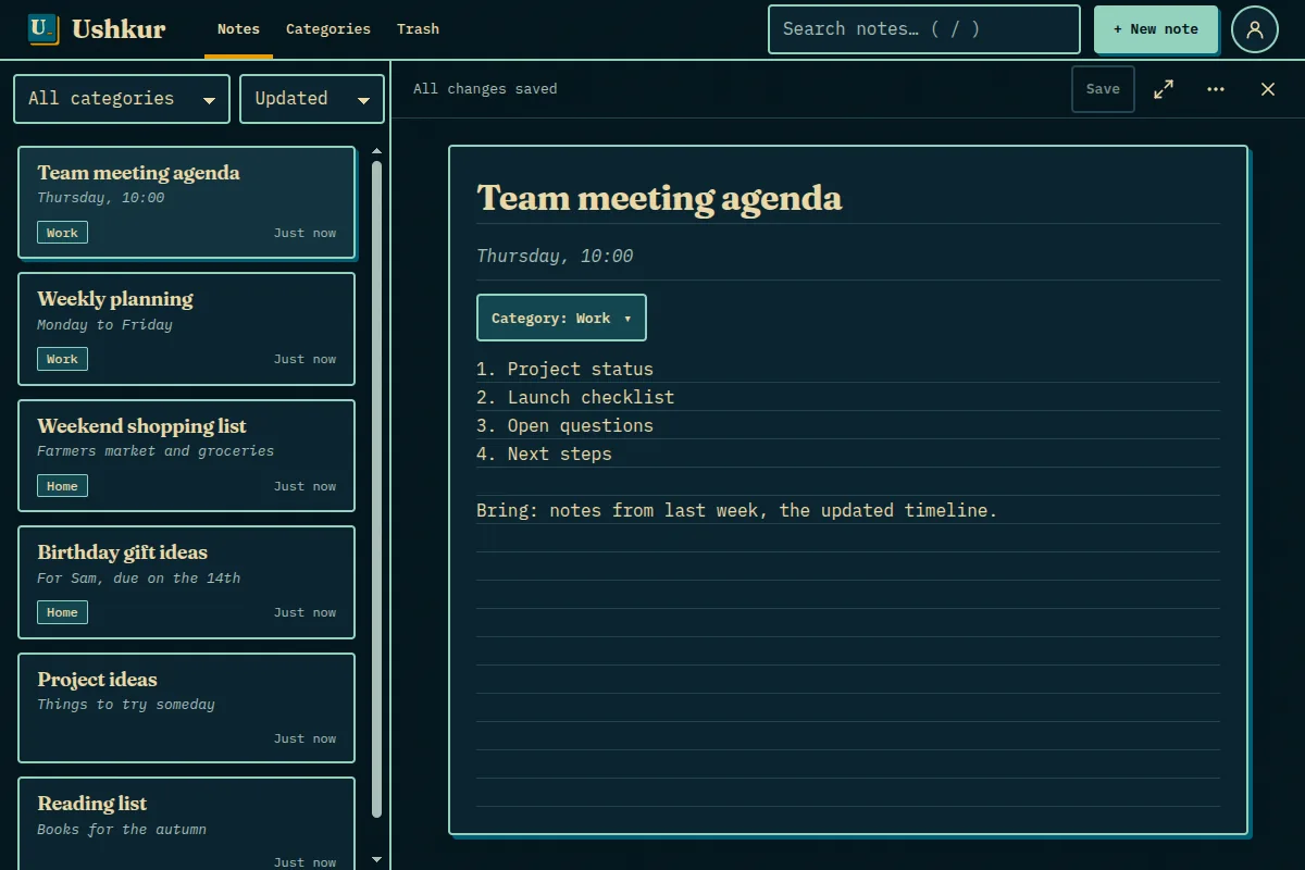 Ushkur online notepad: a list of notes sorted into categories on the left and an open meeting agenda note on the right.