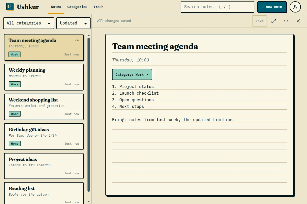 Ushkur online notepad: a list of notes sorted into categories on the left and an open meeting agenda note on the right.