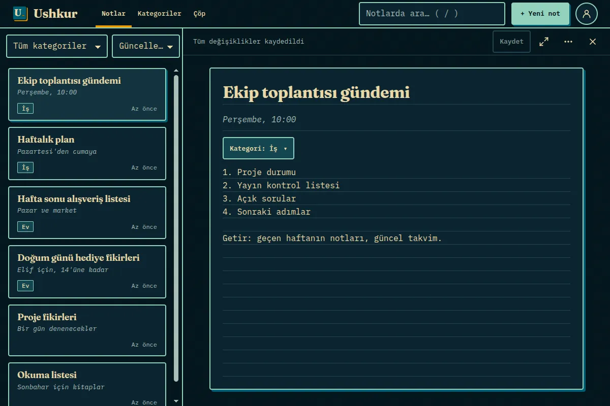 Ushkur online not defteri: solda kategorilere ayrılmış not listesi, sağda açık bir toplantı gündemi notu.